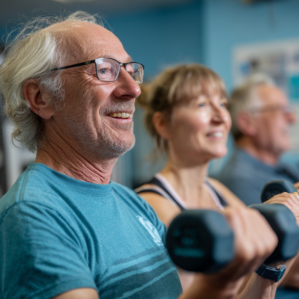 Experienced fitness instructors guiding mature adults through strength training exercises