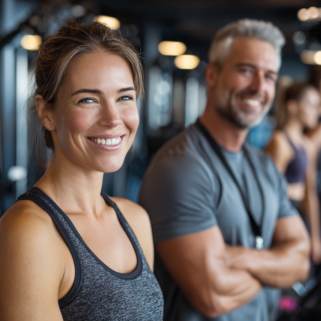 Professional fitness trainers working with middle-aged adults in modern gym environment
